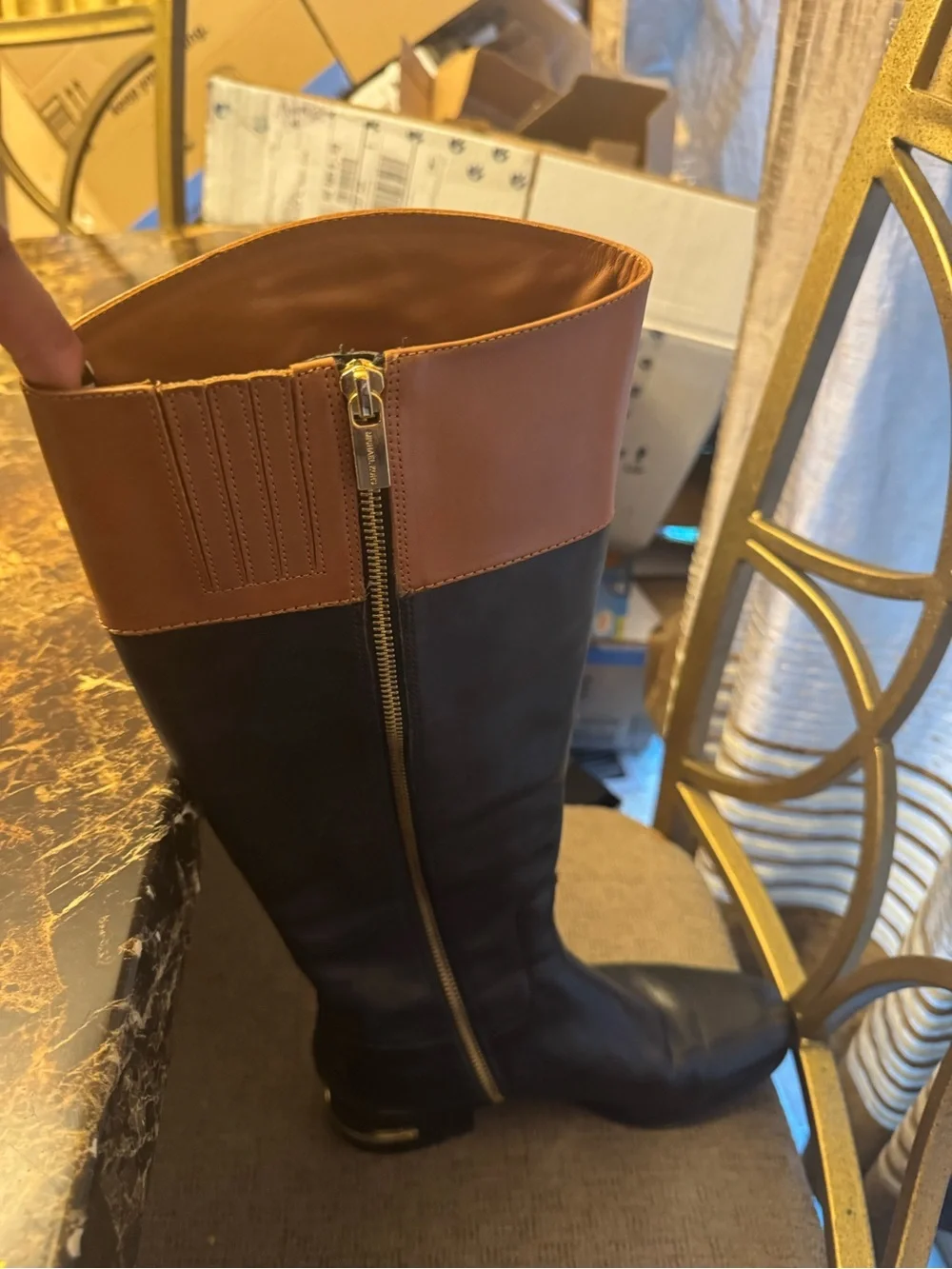 Micheal Kors Black and Tan Leather Fold-Over Boots-size 7